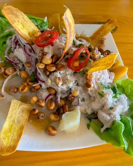 De cerca: el pescado curado en limón con cebolla morada, cancha tostada, ají y la leche de tigre en el fondo del plato.